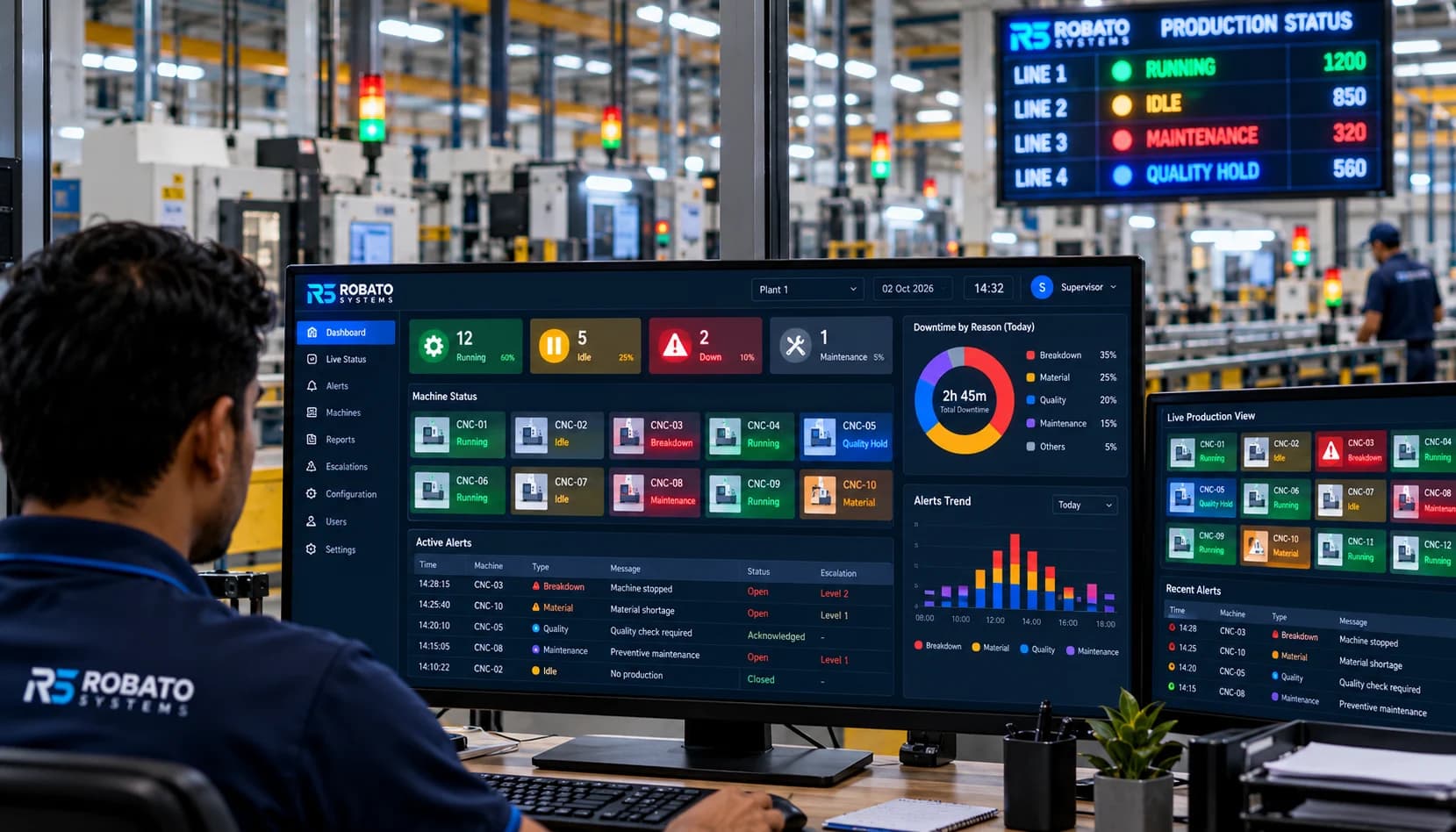 Supervisor using the Andon monitoring software dashboard showing machine status, active alerts and downtime by reason