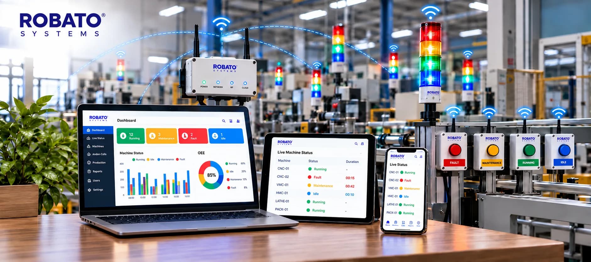 Robato wireless Andon system in a smart factory: a wireless gateway with Power, Network, RF and Cloud lights, wireless tower lights over the machines, Fault, Maintenance, Running and Idle call buttons, and live machine status on a laptop dashboard, a tablet and a phone