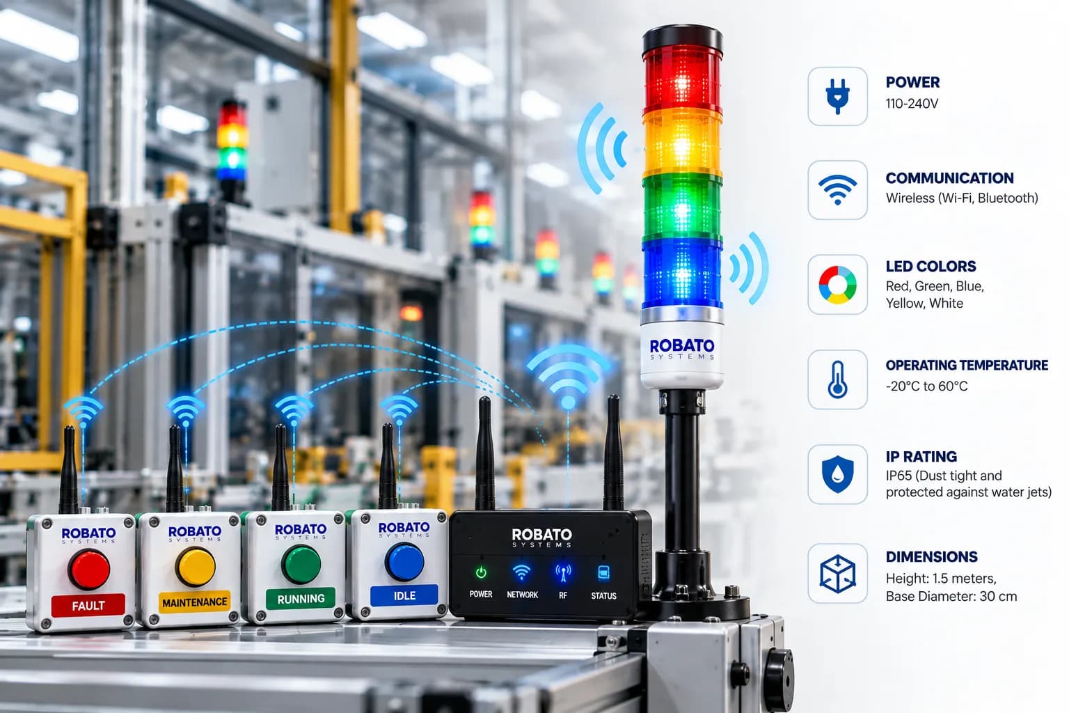 Robato wireless Andon tower light beside its call stations and gateway, with its specifications: power 110-240V, wireless communication over Wi-Fi and Bluetooth, red, green, blue, yellow and white LEDs, -20 to 60 degrees C operating temperature, IP65, height 1.5 metres and base diameter 30 cm