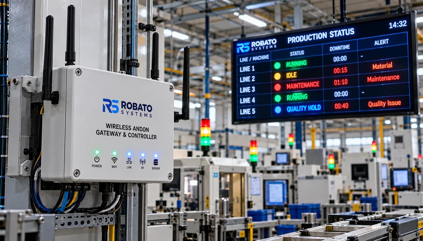 Robato wireless Andon gateway and controller with antennas and status lights, beside a production status board on the shop floor