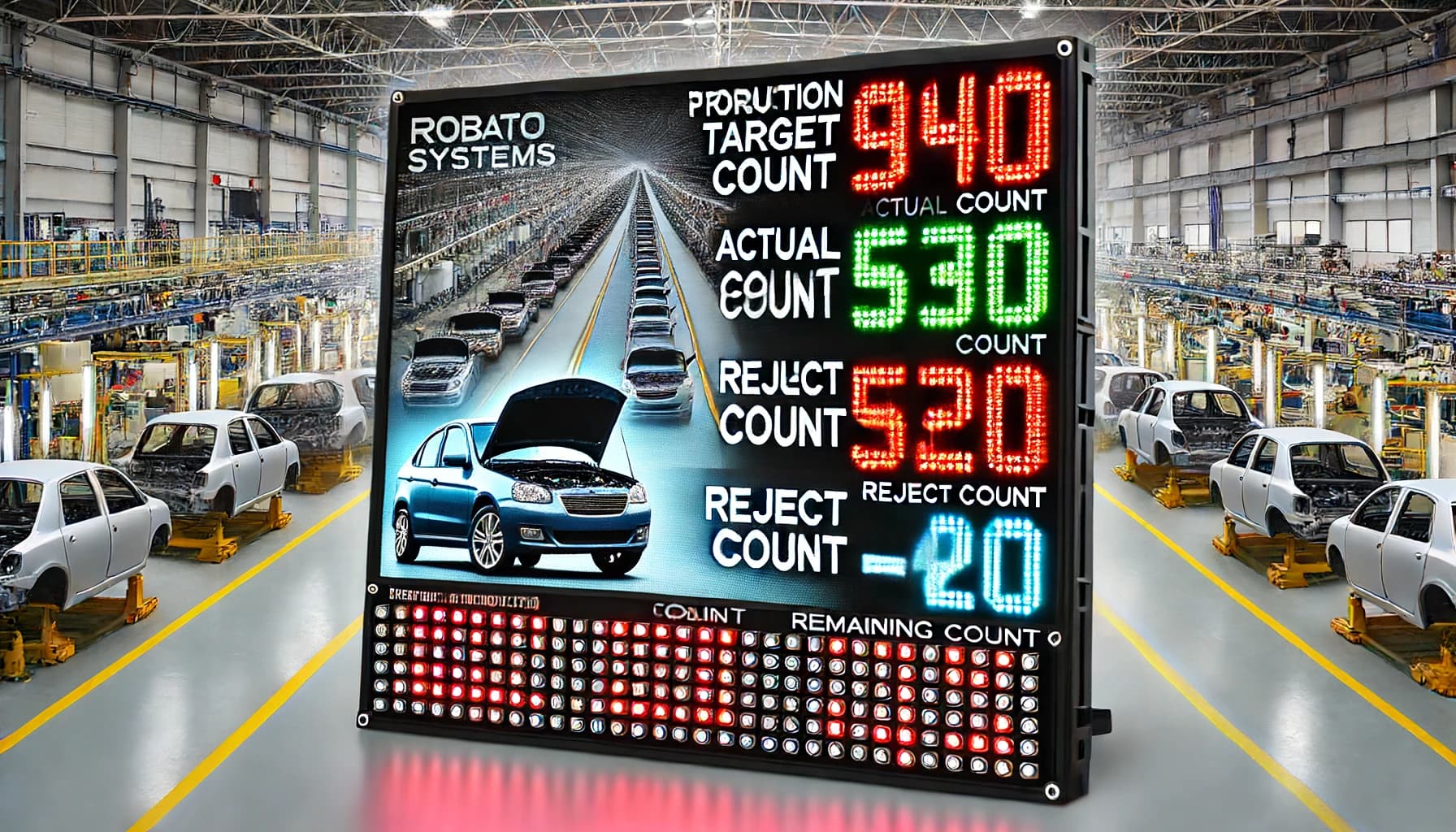 LED production counter showing target, actual, reject and remaining counts on an assembly line