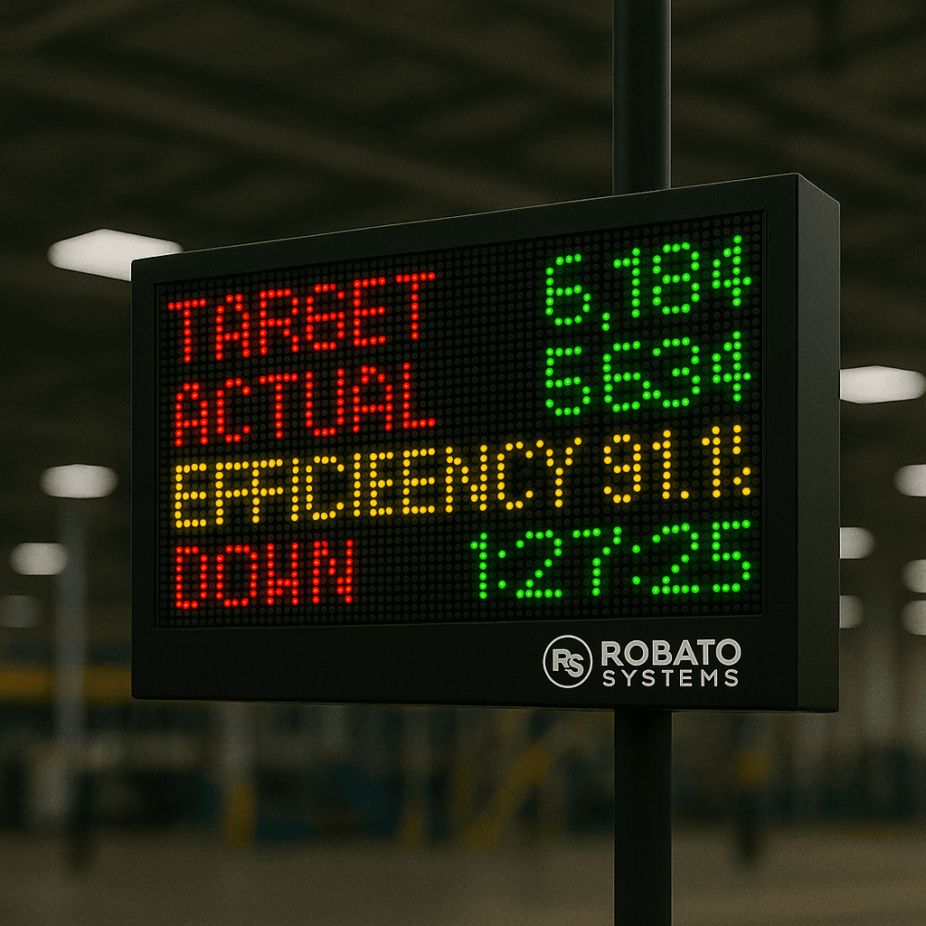 Robato production counter LED display showing target, actual, efficiency and downtime on the shop floor