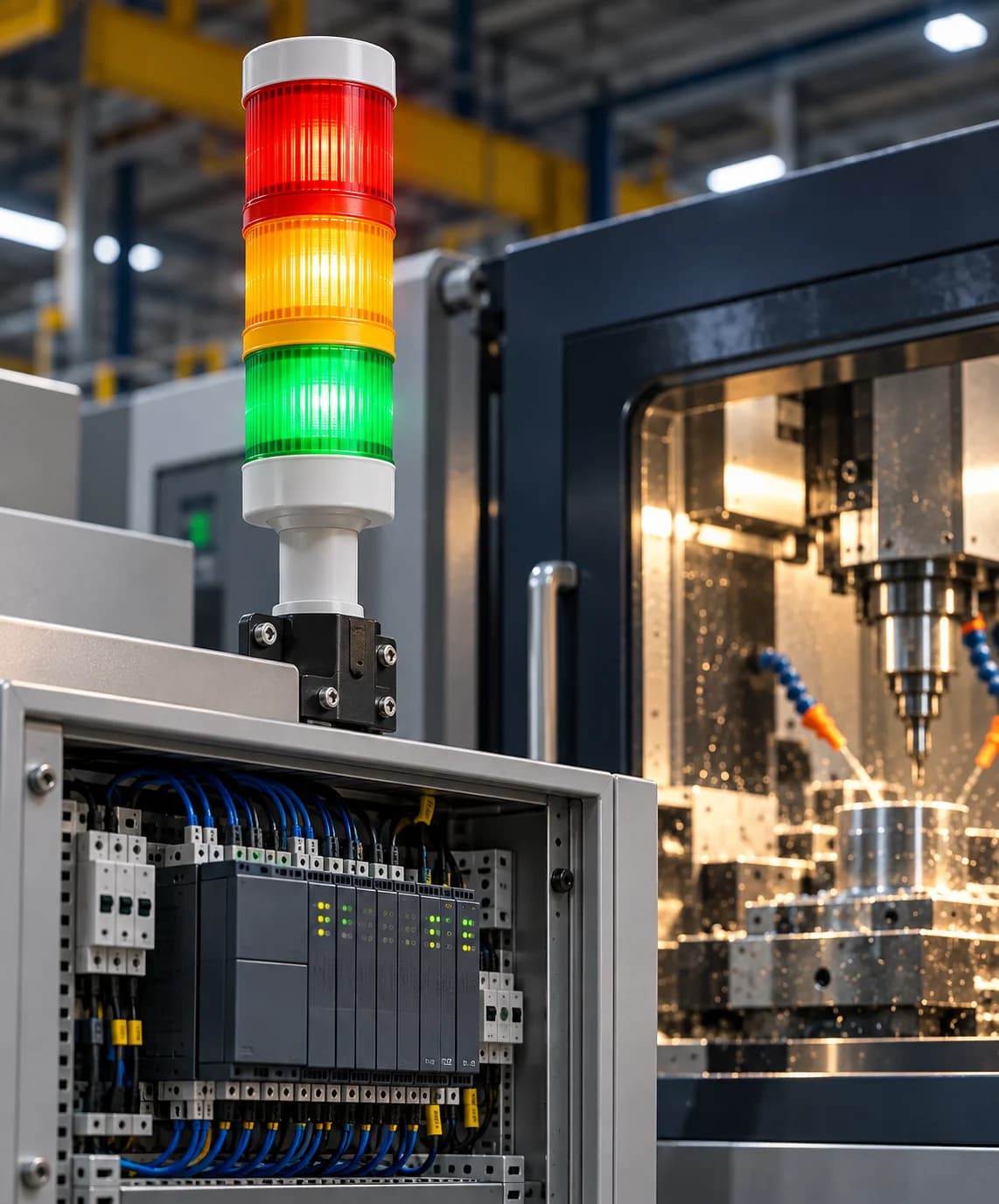 Andon tower light mounted on an open control cabinet, wired into the PLC modules beside a running CNC machine