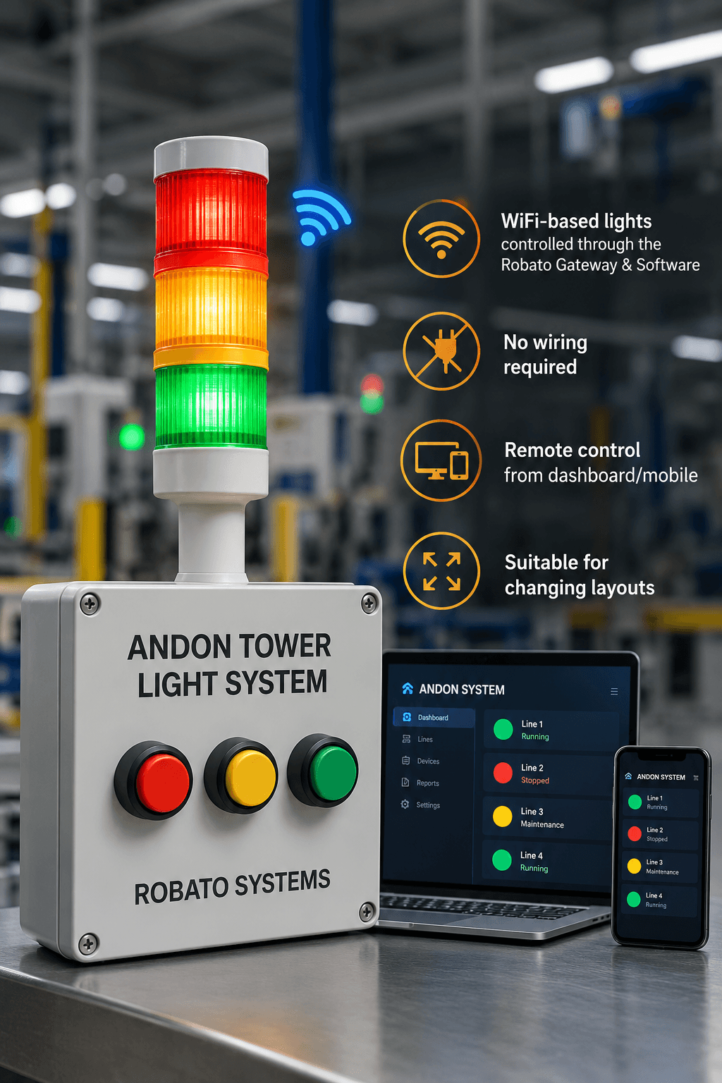 Robato WiFi Andon tower light on a control box on the factory floor, beside a laptop and phone showing live line status in the Andon System dashboard