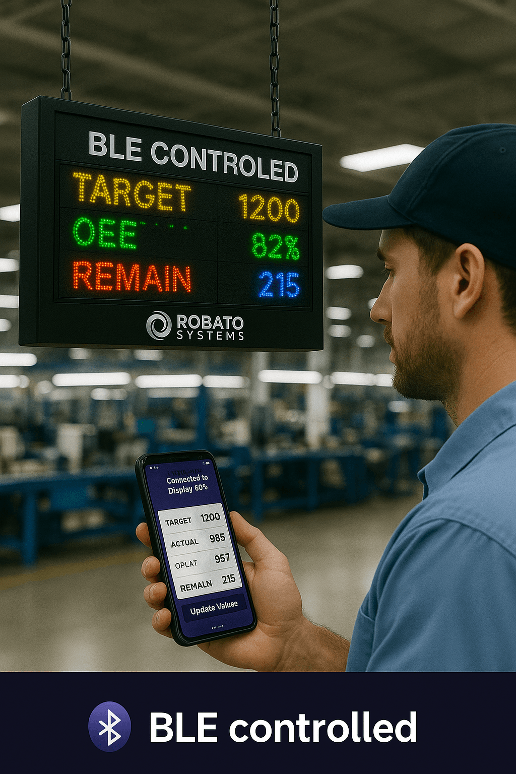 Operator configuring a BLE-controlled production counter LED display from a phone