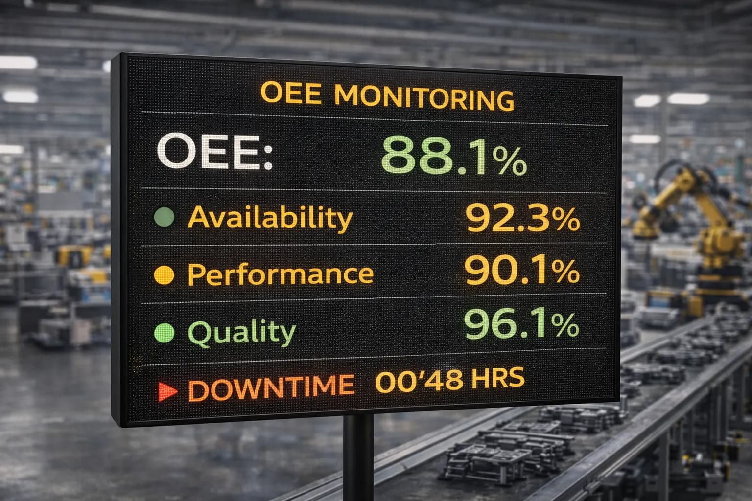 OEE monitoring board showing OEE, availability, performance, quality and downtime on the shop floor