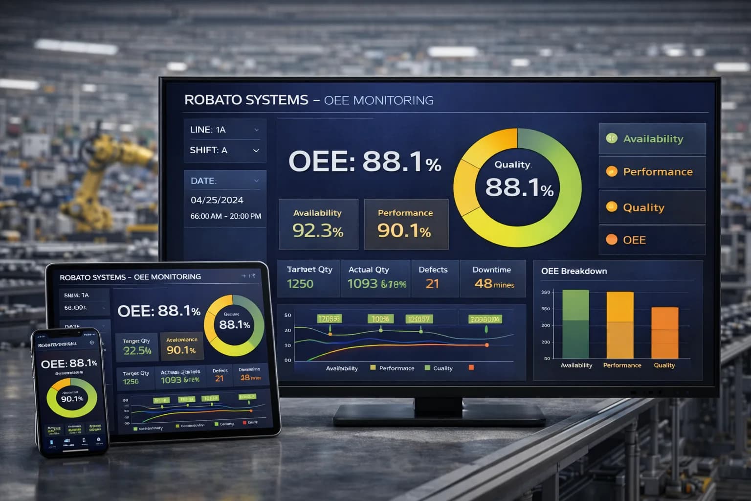 Robato OEE monitoring dashboards on a Smart TV, tablet and phone on the factory floor