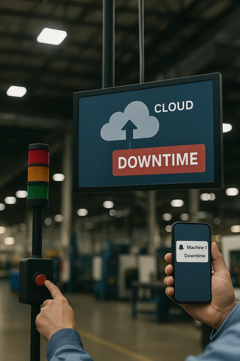 Operator pressing an Andon button while a supervisor receives the cloud downtime alert on a phone