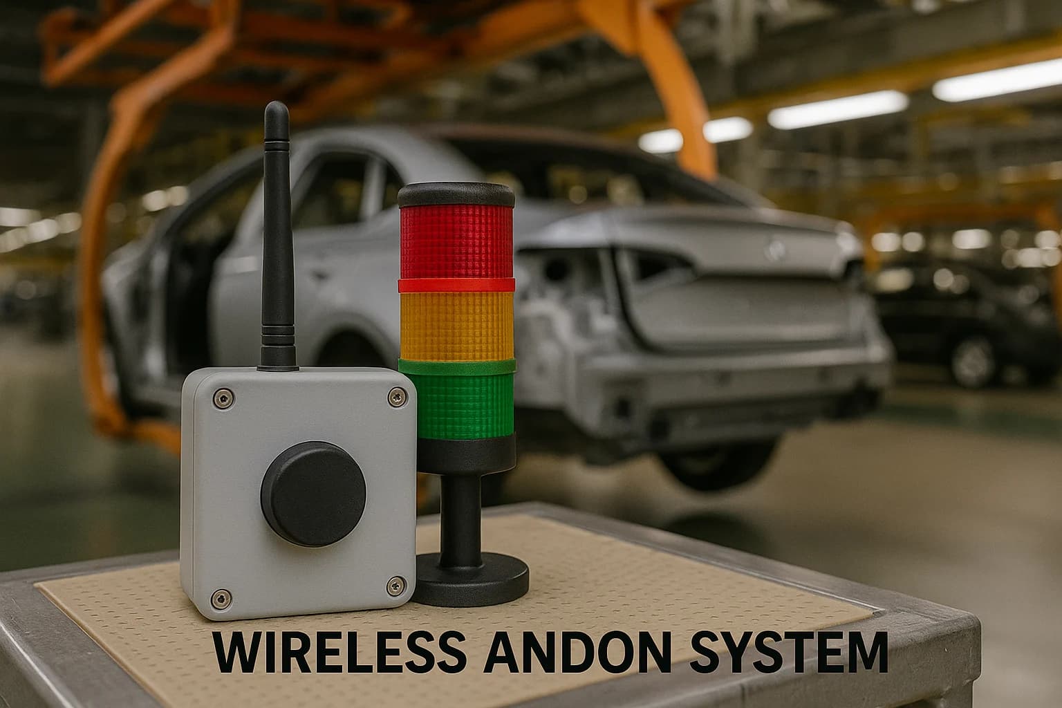 Robato wireless Andon call button with antenna beside a tower light on an automotive assembly line