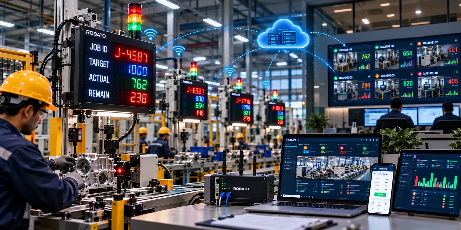A connected factory floor: an operator at a machine under a Robato smart production counter showing job ID J-4587, target 1000, actual 762 and 238 remaining, more counters down the line, each linked over WiFi to cloud production software, and the same counts on a wall of machine dashboards, a laptop, a phone and a tablet beside a Robato network gateway