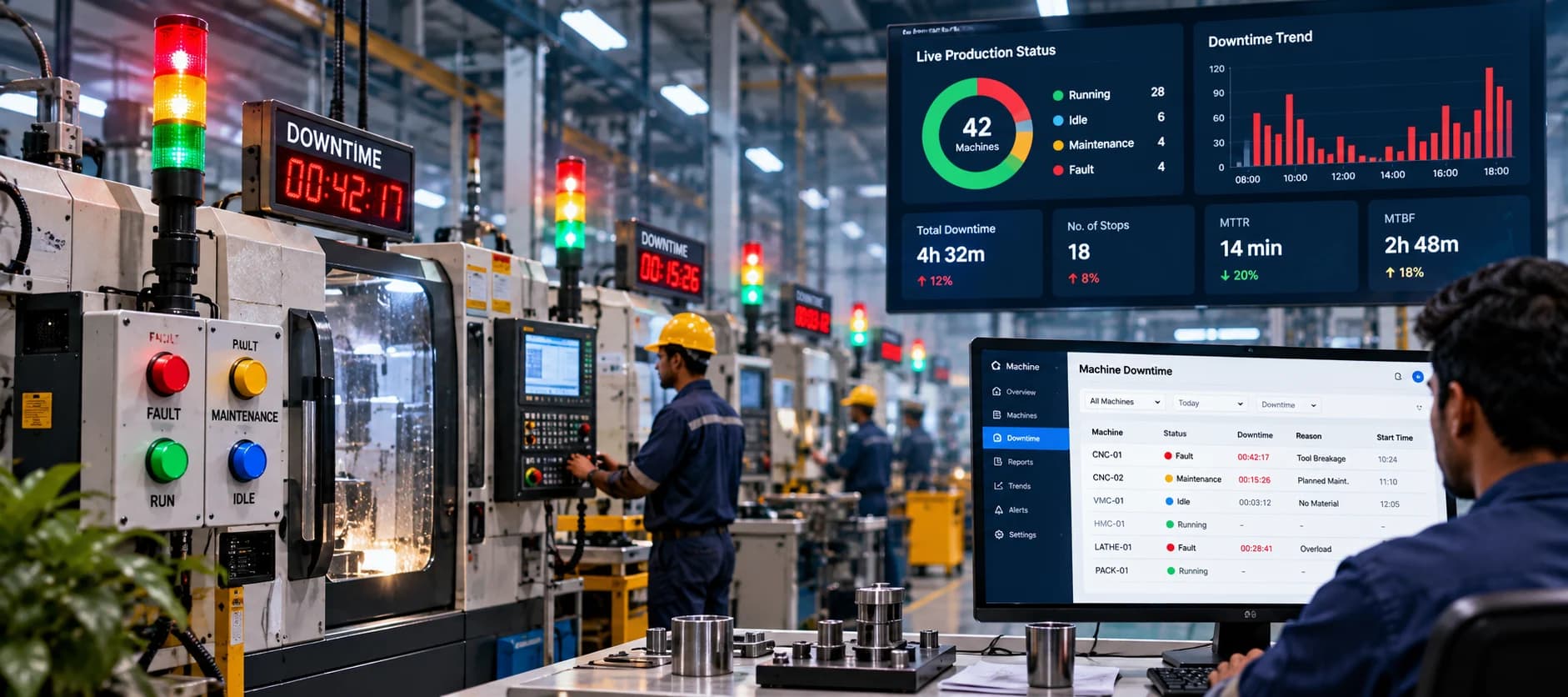Factory downtime analytics: CNC machines with stack lights and red downtime timers on the shop floor, a wall screen showing live production status for 42 machines, a downtime trend, total downtime, number of stops, MTTR and MTBF, and a supervisor's monitor listing each machine's downtime and reason