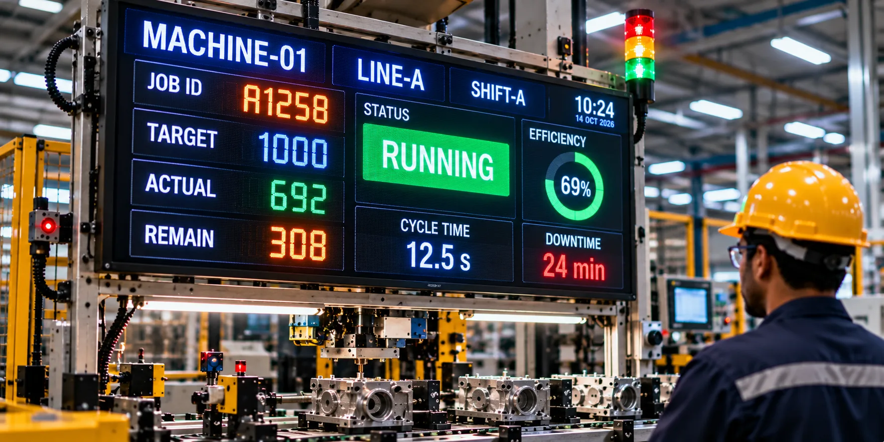 Production counter LED display above an assembly line showing MACHINE-01 on line A, shift A: job A1258, target 1000, actual 692, remaining 308, status running, efficiency 69%, cycle time 12.5 s and 24 minutes of downtime, read by an operator in a hard hat