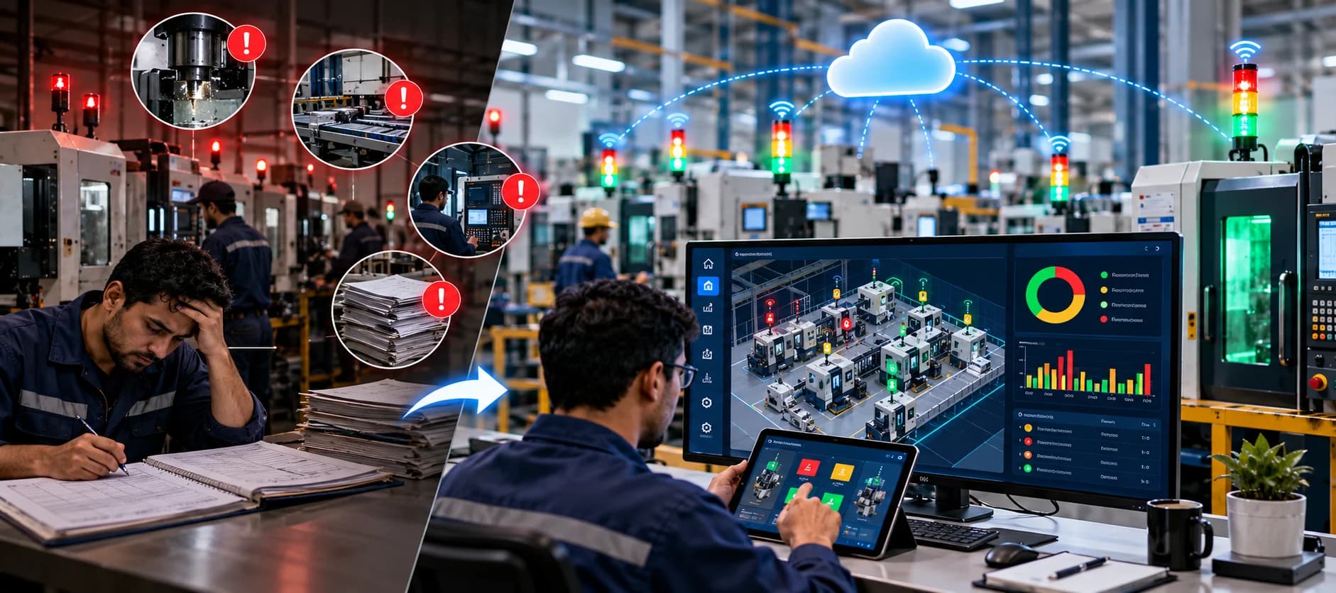 From manual chaos to a smart factory: on the left a supervisor logs stoppages by hand among stacks of paper while machine faults go unnoticed; on the right connected stack lights report to the cloud and an engineer follows every machine's live status on a dashboard and tablet