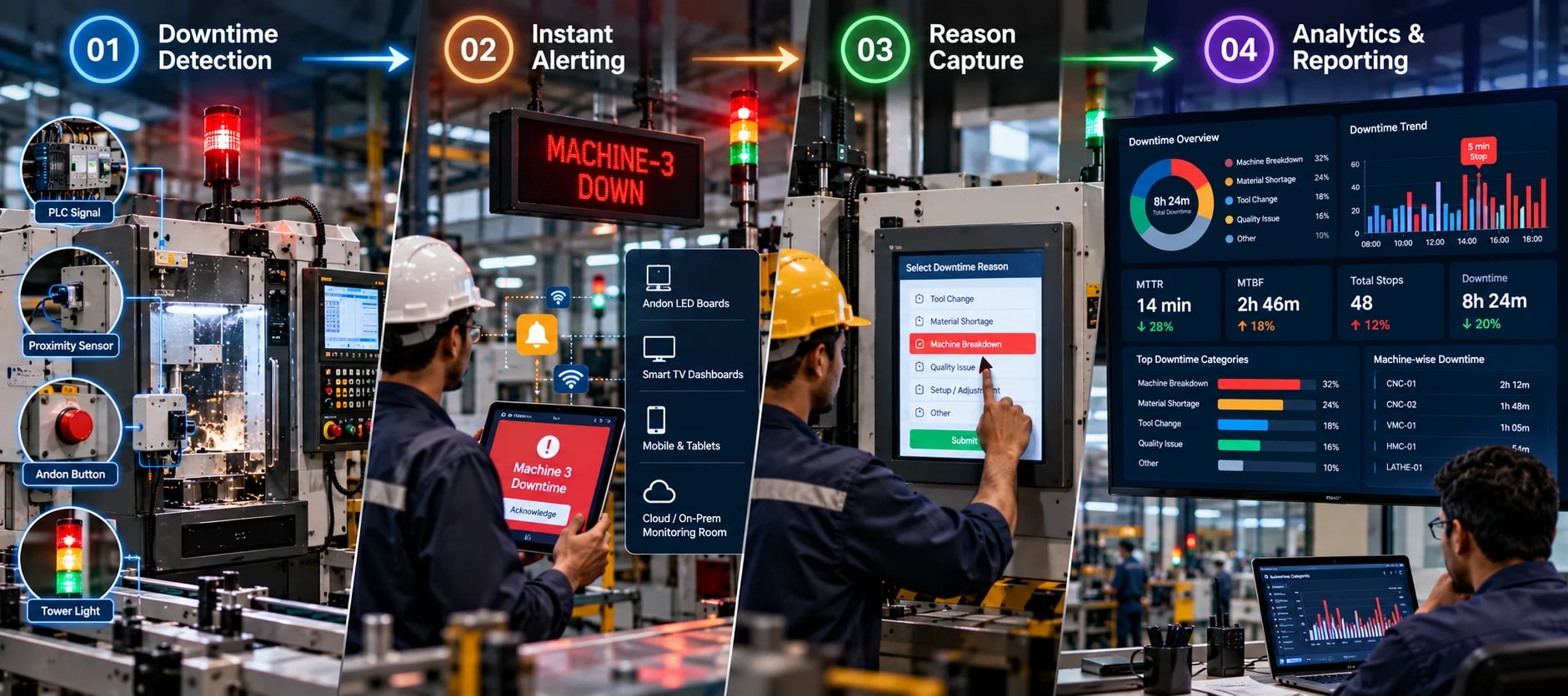 Industrial downtime monitoring workflow in four steps: 01 downtime detection from a PLC signal, proximity sensor, Andon button and tower light on a machine; 02 instant alerting, a MACHINE-3 DOWN LED board and an operator acknowledging the alert on a tablet, sent to Andon LED boards, Smart TV dashboards, mobiles and tablets and a cloud or on-prem monitoring room; 03 reason capture, an operator selecting Machine Breakdown on a touch panel; 04 analytics and reporting, a dashboard with total downtime, MTTR, MTBF, total stops, a downtime trend, top downtime categories and machine-wise downtime
