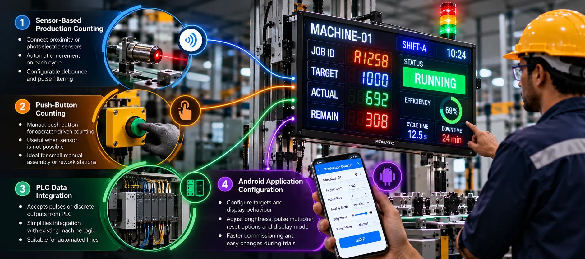 The four ways to drive the production counter LED display: 1 sensor-based production counting with proximity or photoelectric sensors, 2 push-button counting, 3 PLC data integration, and 4 Android application configuration of target, pulses per part, display mode, brightness and reset mode