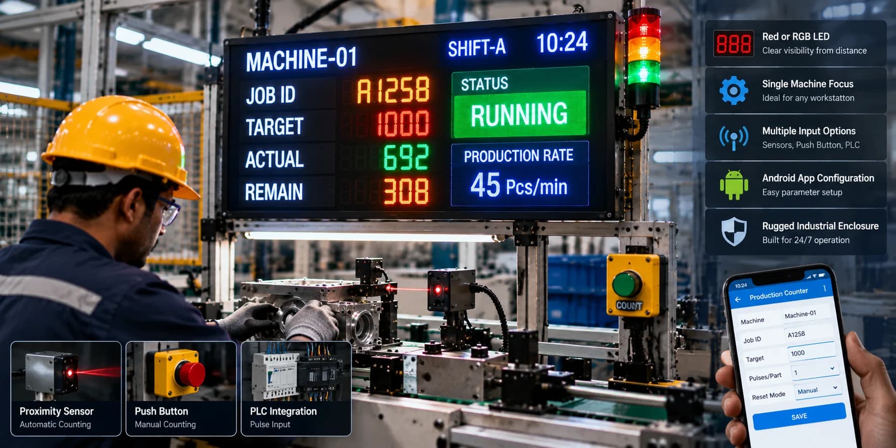 An operator at a machining workstation under a production counter LED display showing job ID, target, actual, remaining, running status and a 45 pieces per minute production rate, with a stack light, a proximity sensor, a COUNT push button and the Android app on a phone, and the inputs it counts from: proximity sensor, push button and PLC integration