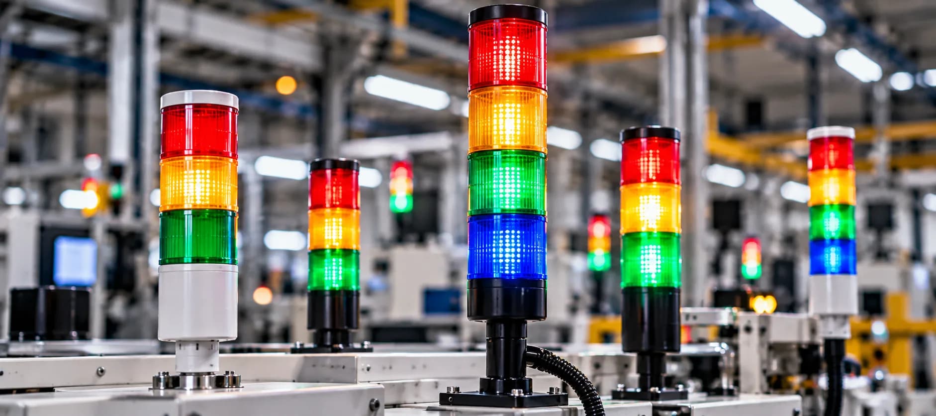 Andon signal tower lights on a factory floor: LED stack lights with red, yellow, green and blue tiers lit on top of production machines