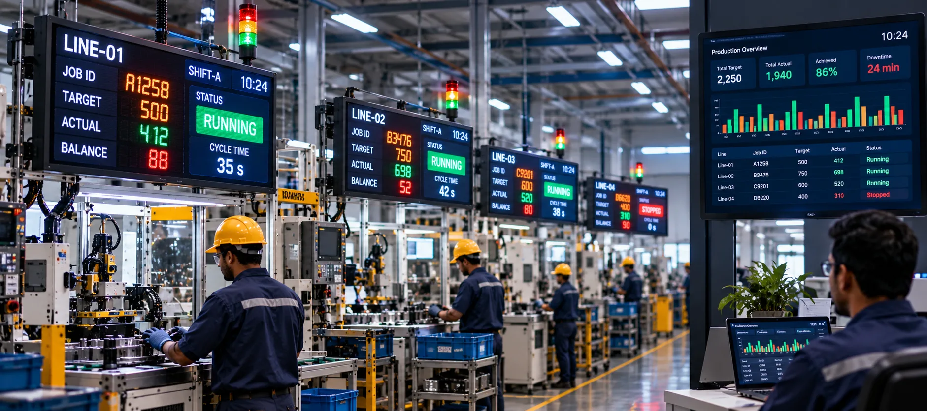 LED production counters over four assembly lines showing job ID, target, actual, balance and status
