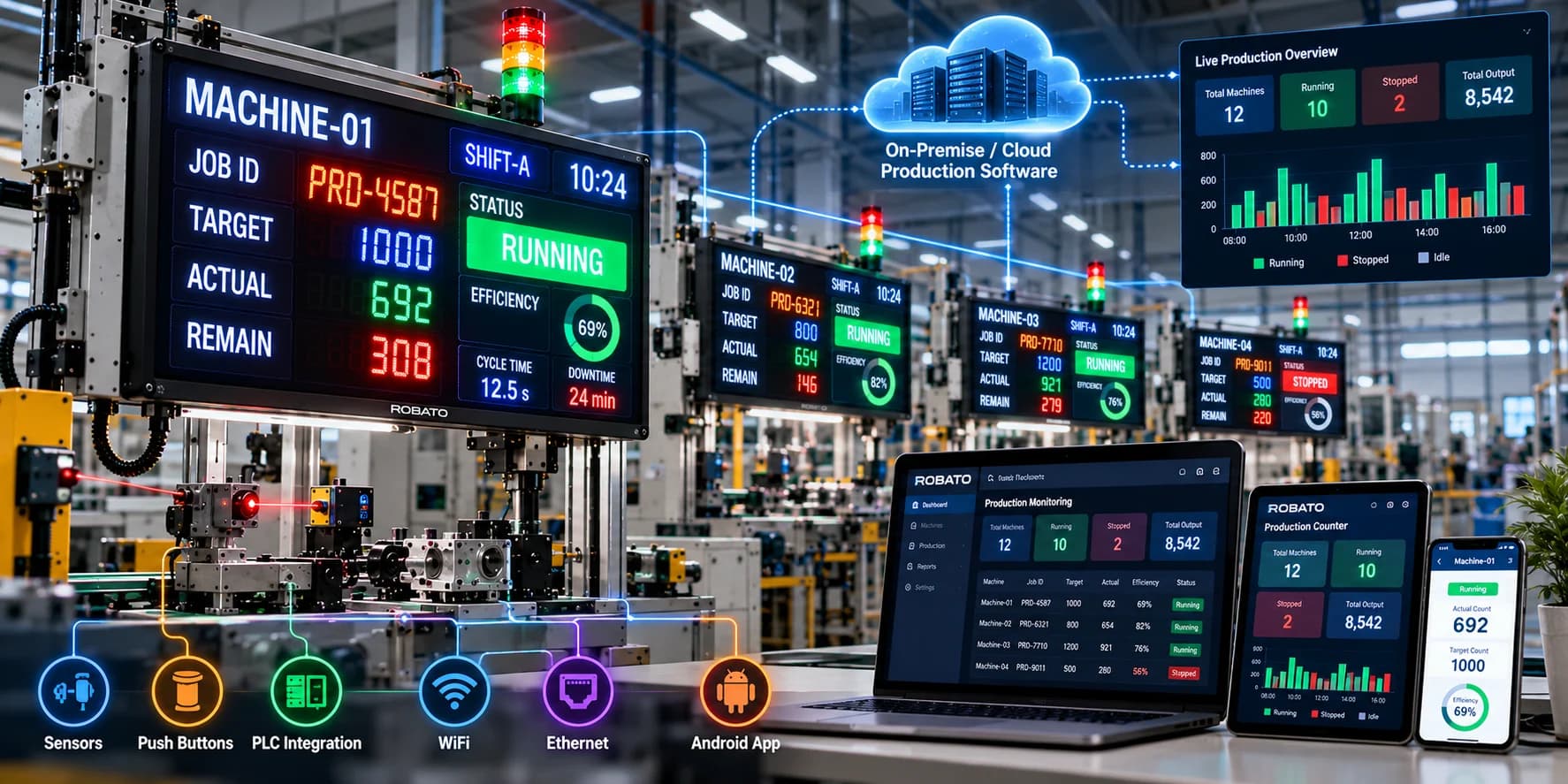 A smart production counter for MACHINE-01 on shift A showing job PRD-4587, target 1000, actual 692, 308 remaining, status running, 69% efficiency, a 12.5 second cycle time and 24 minutes of downtime, linked with three more machines' counters to on-premise or cloud production software, a live production overview and the same data on a laptop, a tablet and a phone; the inputs it takes are sensors, push buttons, PLC integration, WiFi, Ethernet and the Android app