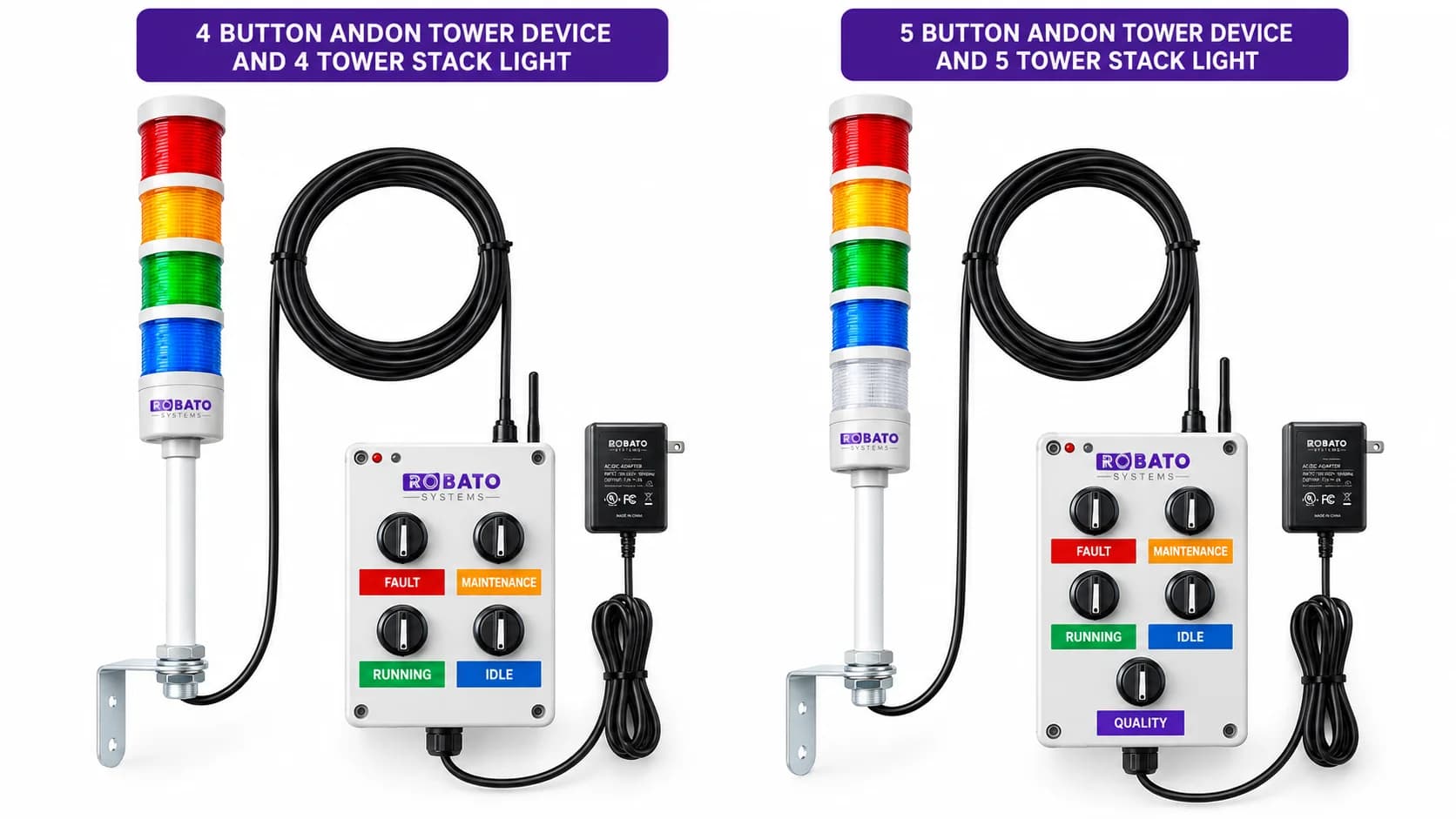 Robato 4-button and 5-button Andon tower devices: four- and five-tier LED stack lights cabled to colour-coded call boxes