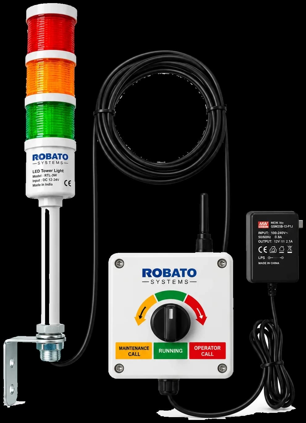 Robato three-light Andon tower light (red, amber, green) wired to a push-button call box