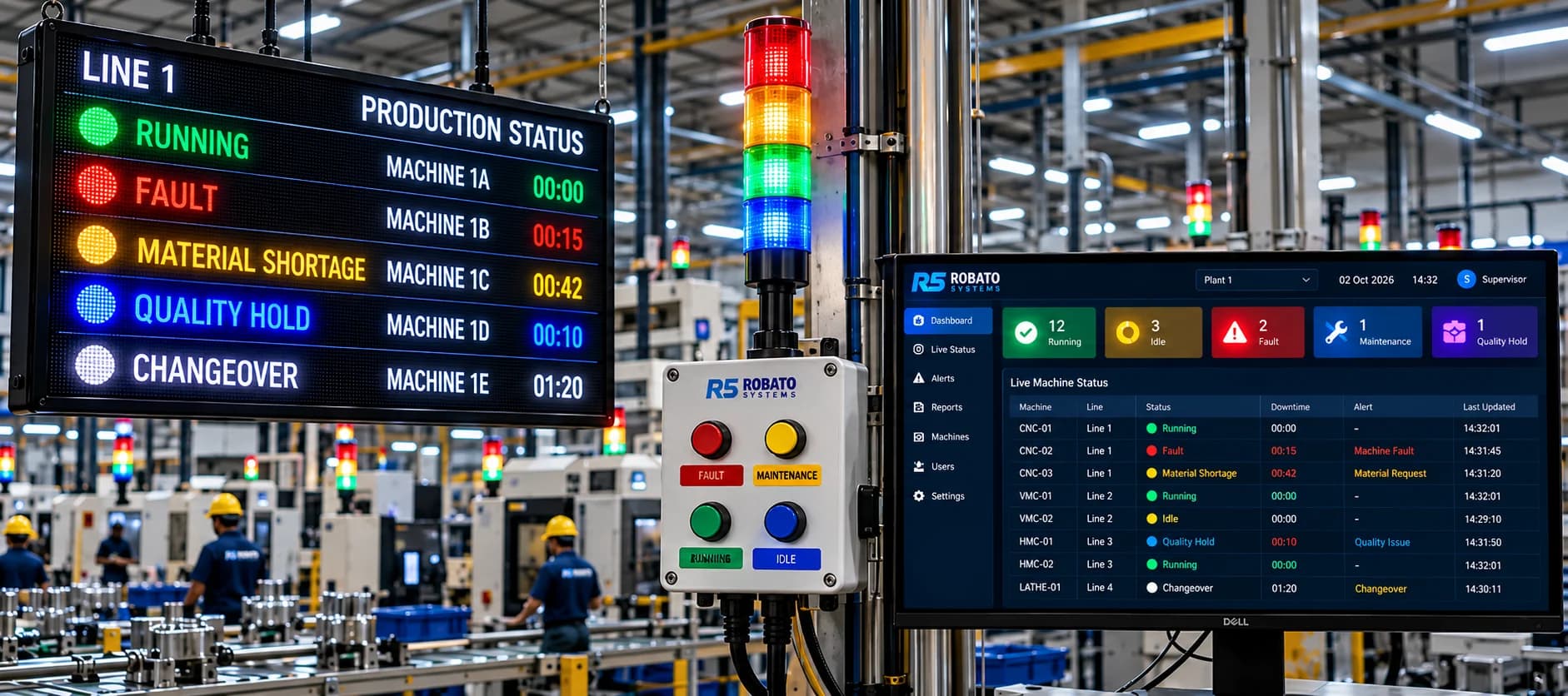 Robato Andon system on a CNC machining line: LED Andon board, tower light, push-button call station and monitoring dashboard