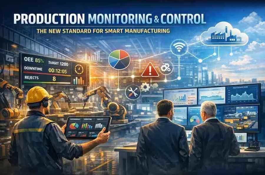 Wide illustration of a smart factory with real-time production monitoring dashboards, robotic machines, and managers analyzing live data and performance metrics.