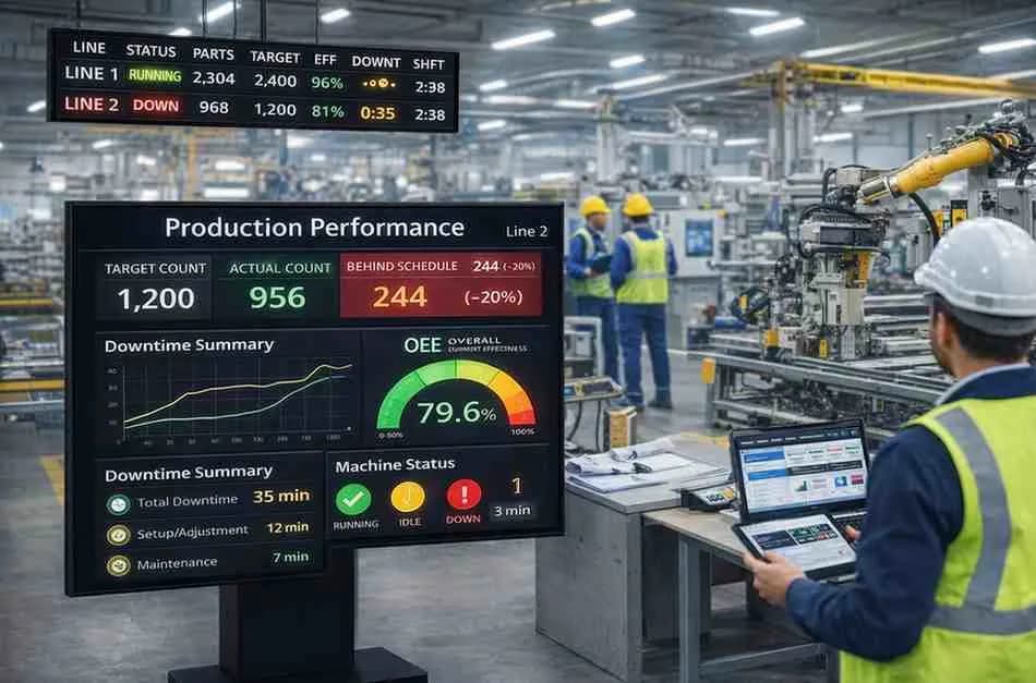 Factory floor with production monitoring software dashboards showing real-time output, OEE, downtime, and machine status, while a supervisor reviews data on a tablet.