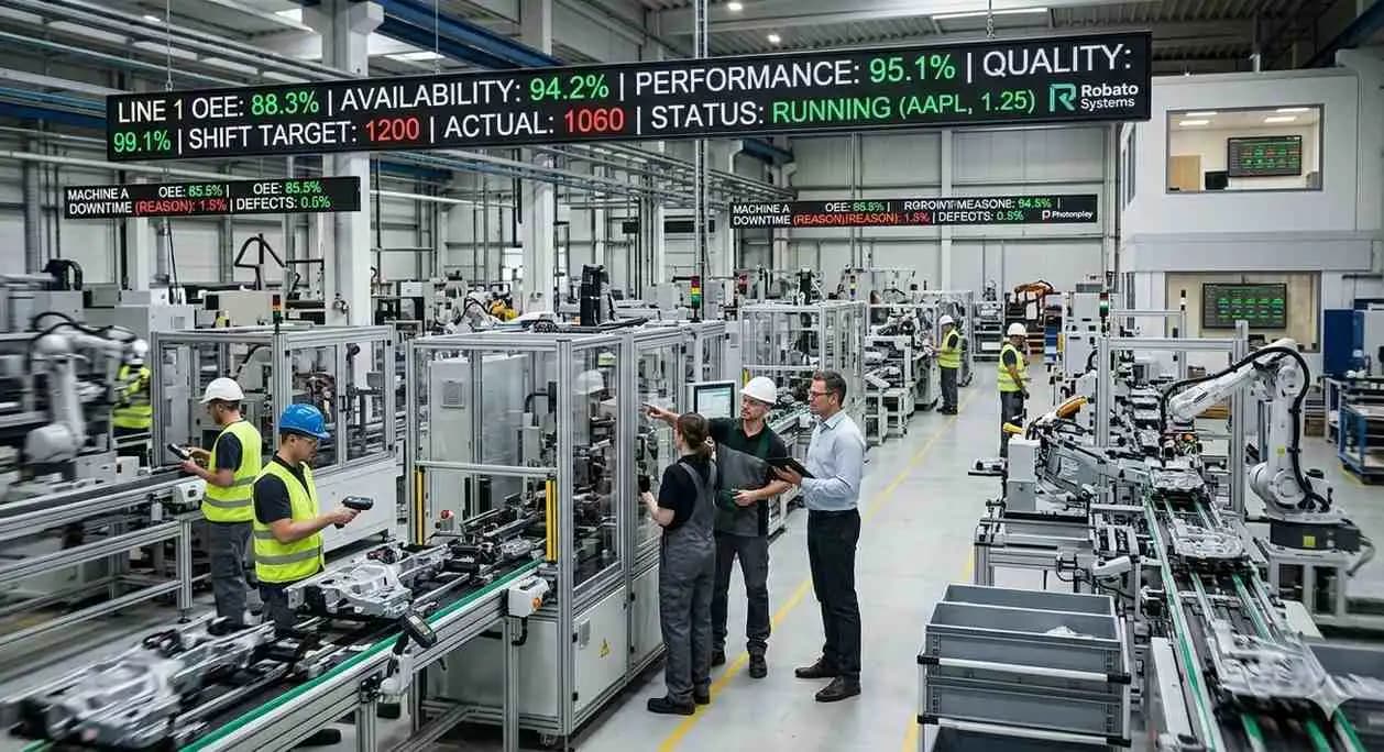A large LED display in a factory shows real-time OEE, availability, and performance data above a busy production line.