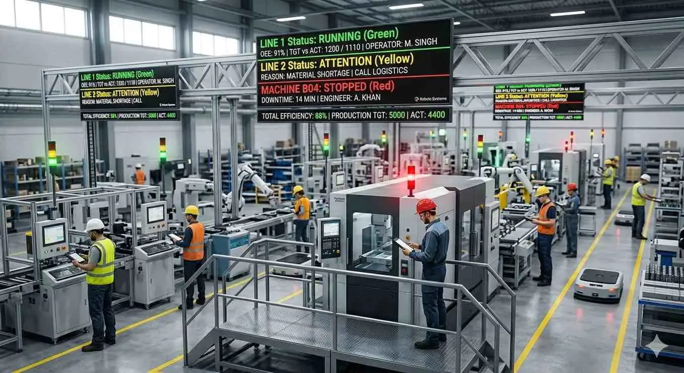 A vibrant LED Andon board displays real-time production status and alerts above workers in a busy automated factory.