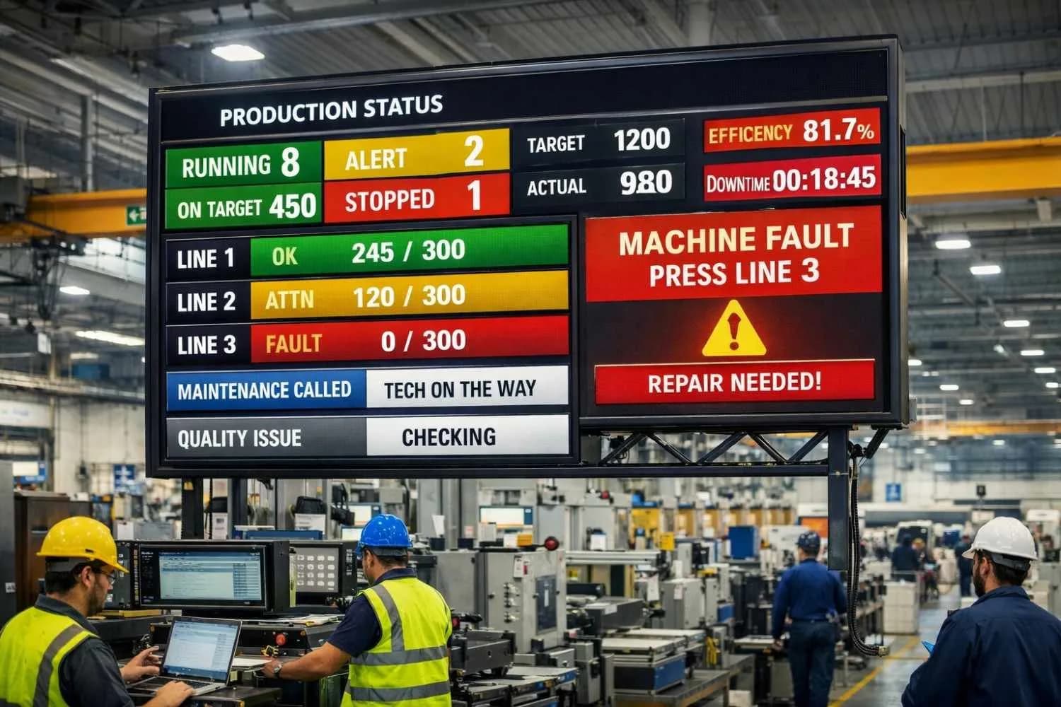 Factory floor with Andon digital display showing real-time production status, machine faults, and color-coded alerts for operators and supervisors