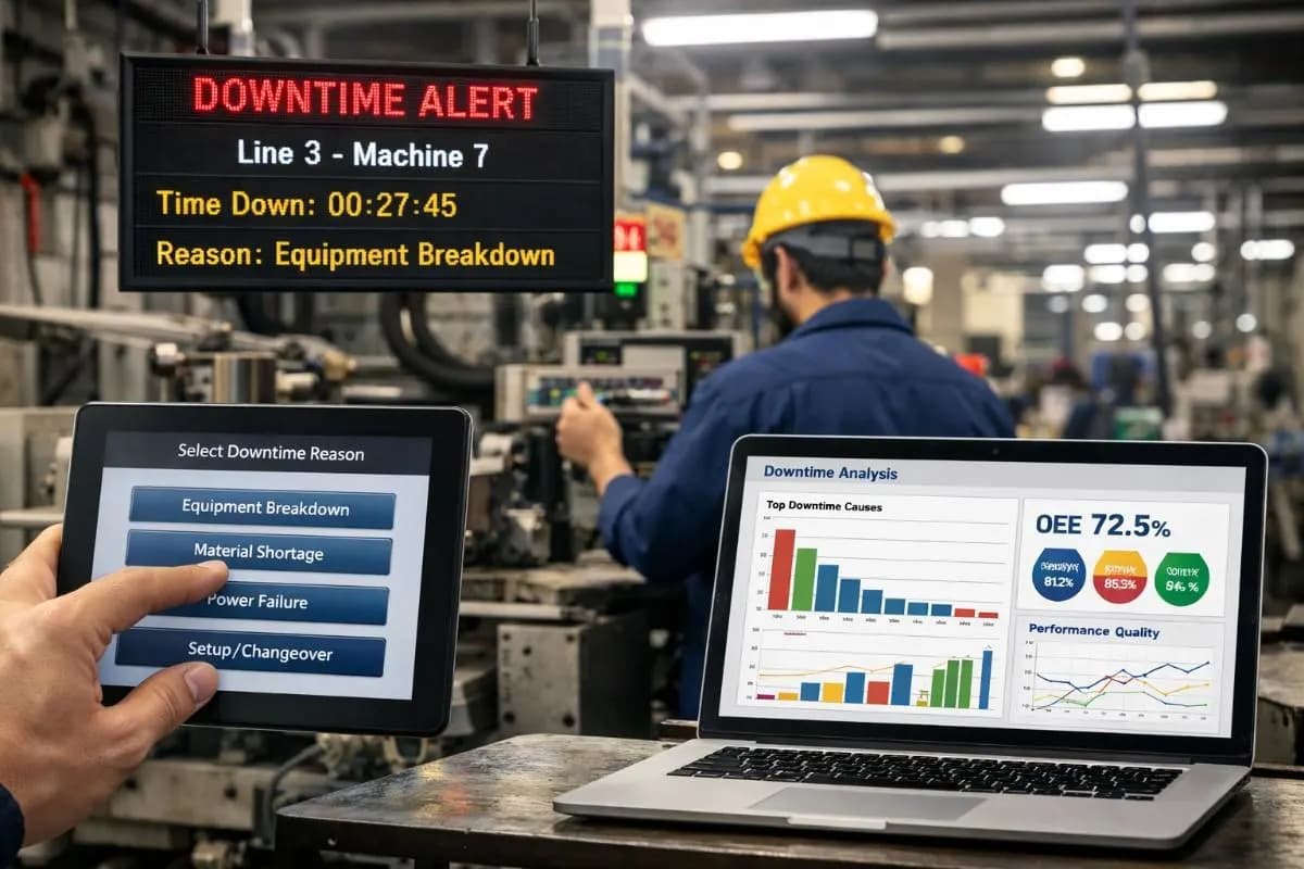 Factory floor showing machine downtime tracking system with dashboards, operator input, and maintenance team responding to equipment failure in real time.