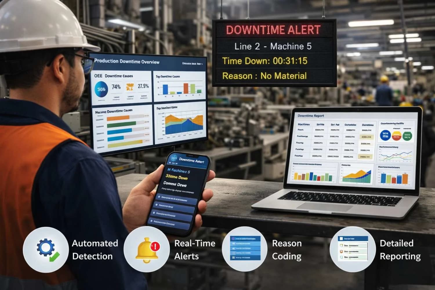 Factory supervisor monitoring downtime software dashboards with real-time alerts, OEE metrics, and machine breakdown analysis on shop floor.