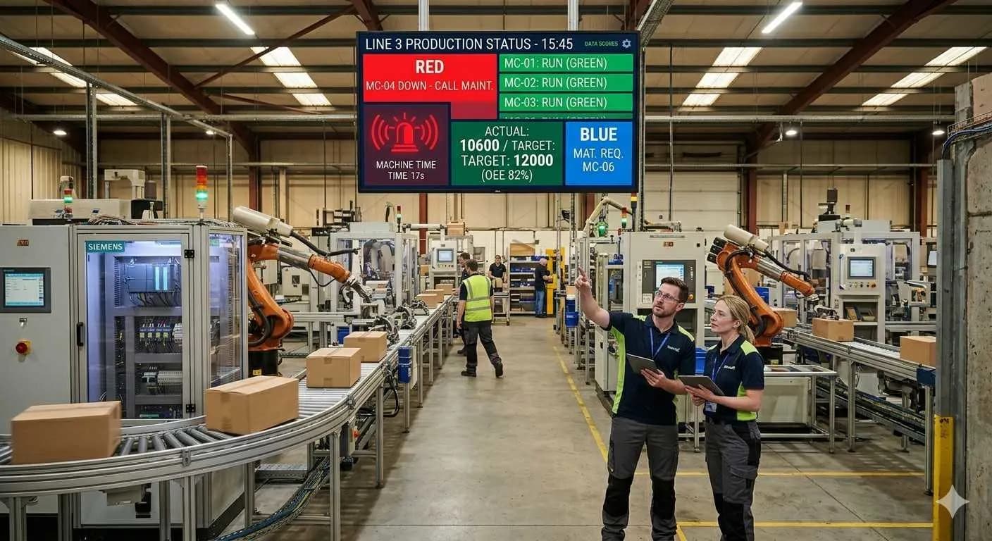 A large, luminous Andon display board hangs above a factory floor, showing critical real-time production status.
