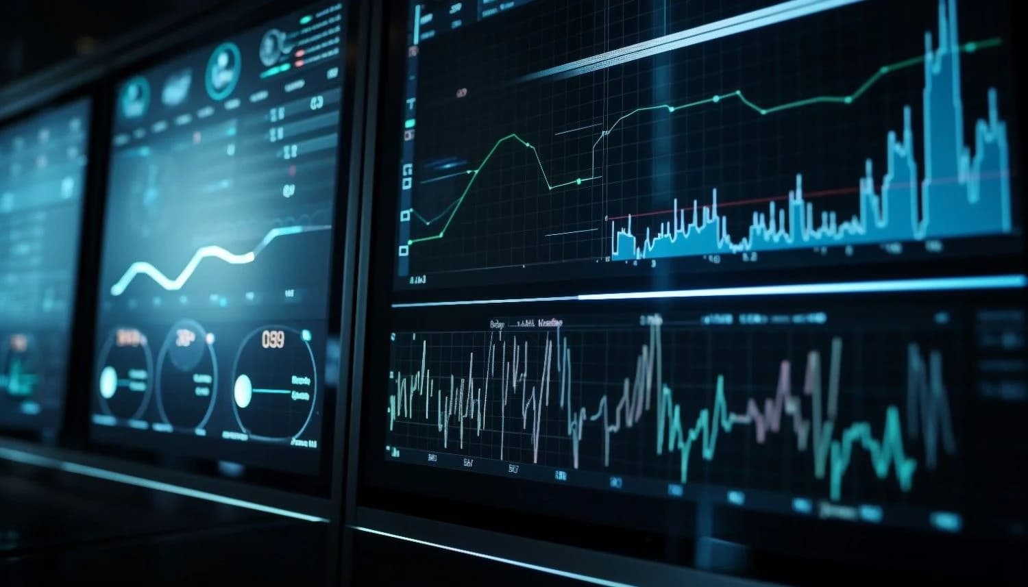 Modern production monitoring system displaying real-time factory performance data on a large digital dashboard in a smart factory.