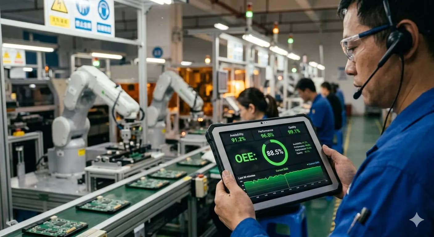 Close-up of tablet displaying OEE dashboard with 88.5% efficiency in a real-time manufacturing environment.