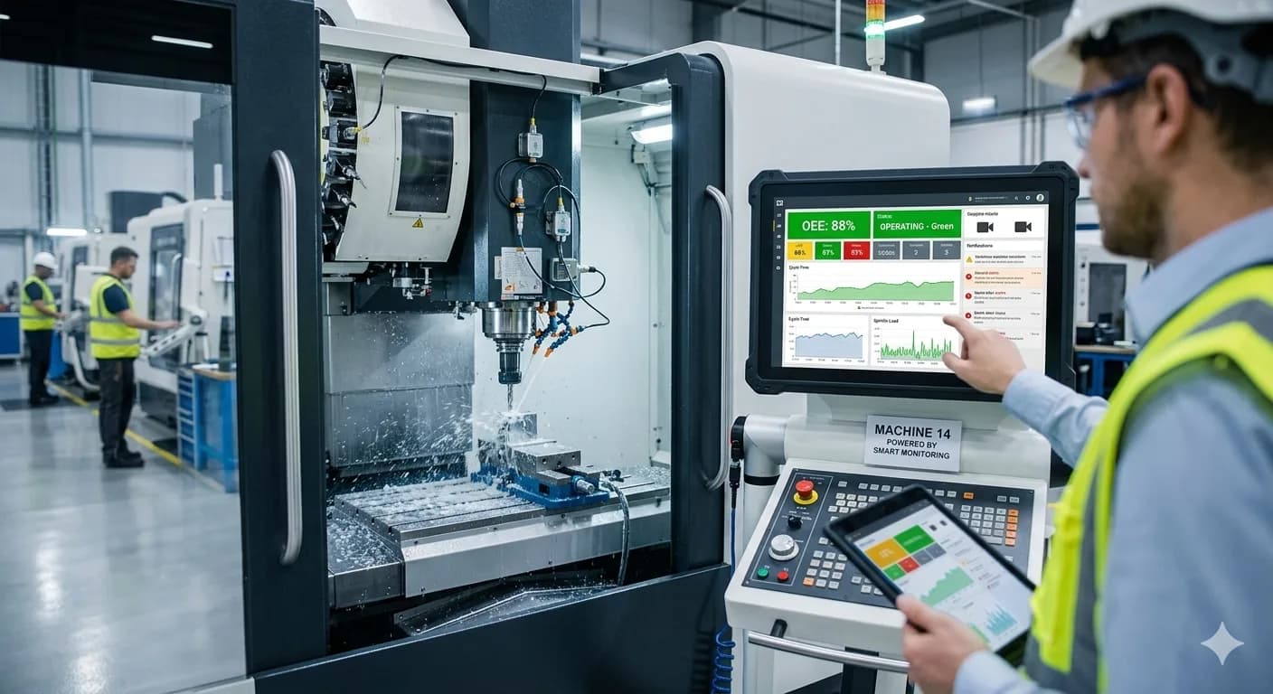 Real-time machine monitoring dashboard on a factory floor, showing OEE data and live production performance analytics.