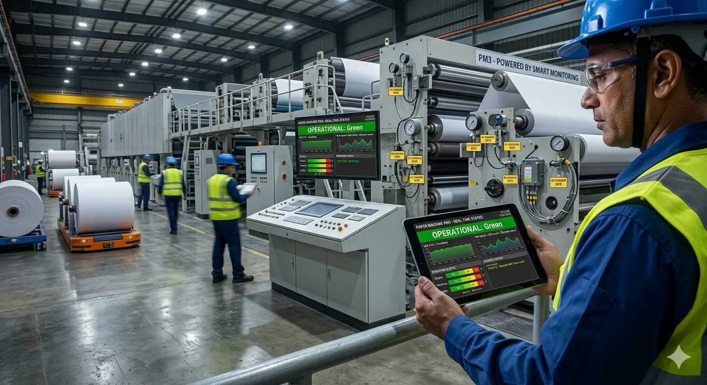 A worker monitors a manufacturing line using a tablet, showcasing the real-time machine monitoring dashboard and factory performance data.