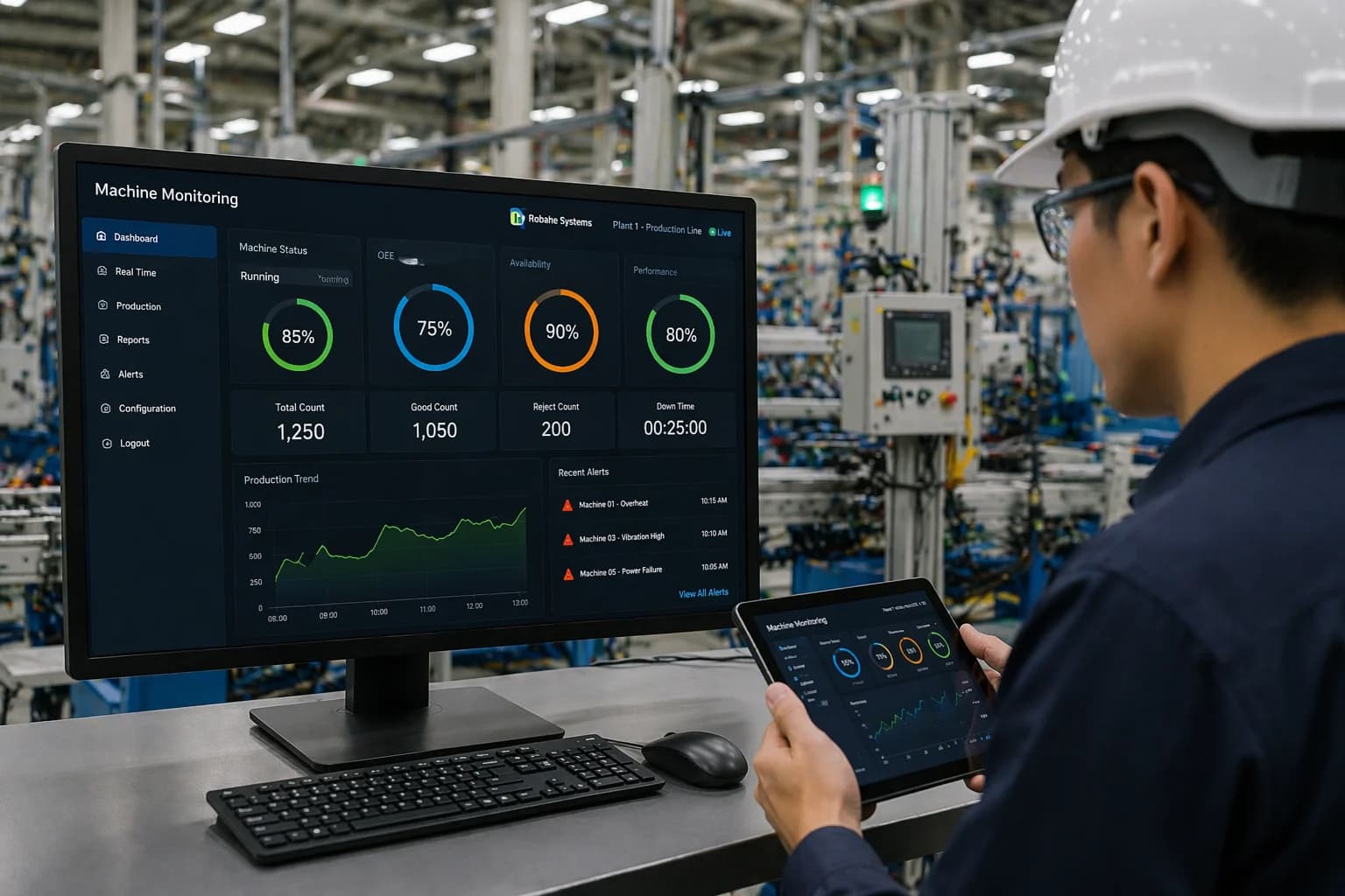 Industrial machine monitoring software dashboard showing real-time performance, OEE metrics, and operator analyzing factory data on tablet