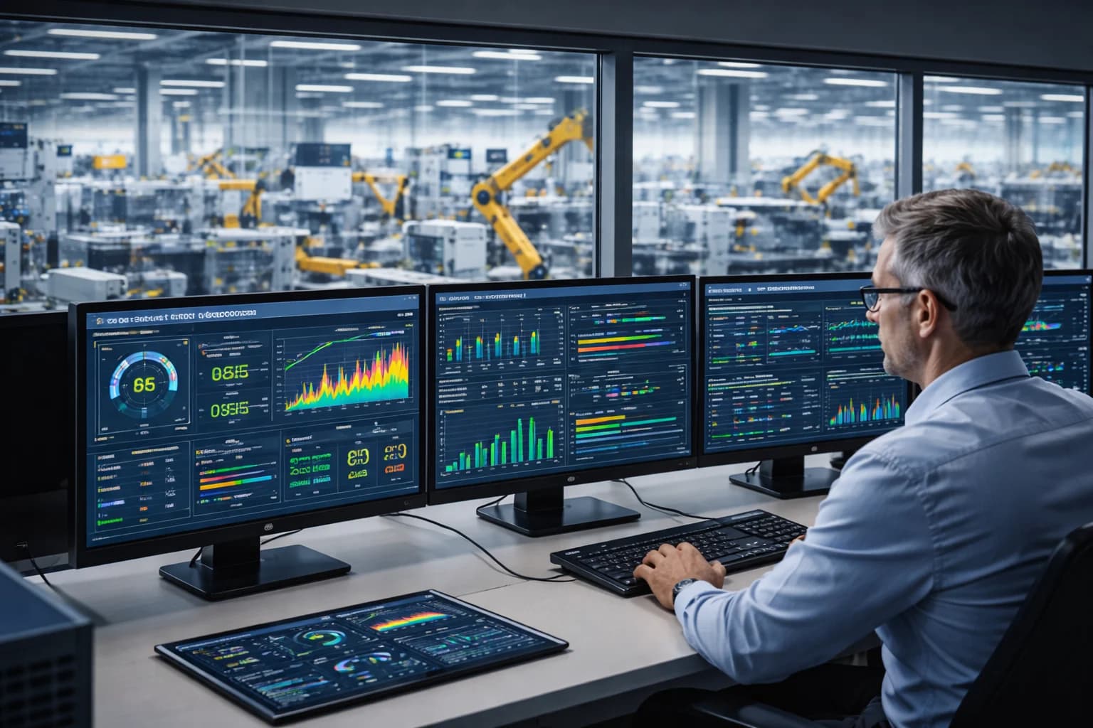 Smart factory control room with real-time dashboards monitoring production, machine performance, and OEE across automated manufacturing lines