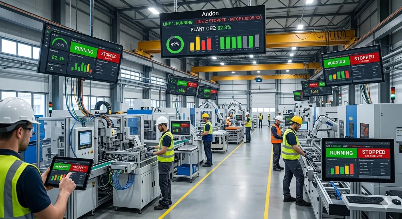 A shop floor monitoring system displays real-time production data, machine status, and OEE on dashboards for factory workers.
