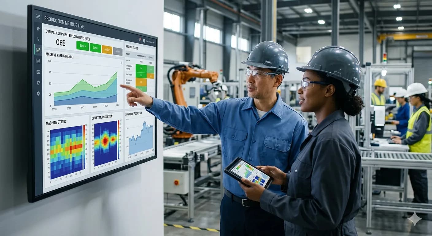 Factory workers pointing to a large touchscreen dashboard showing real-time production analytics.