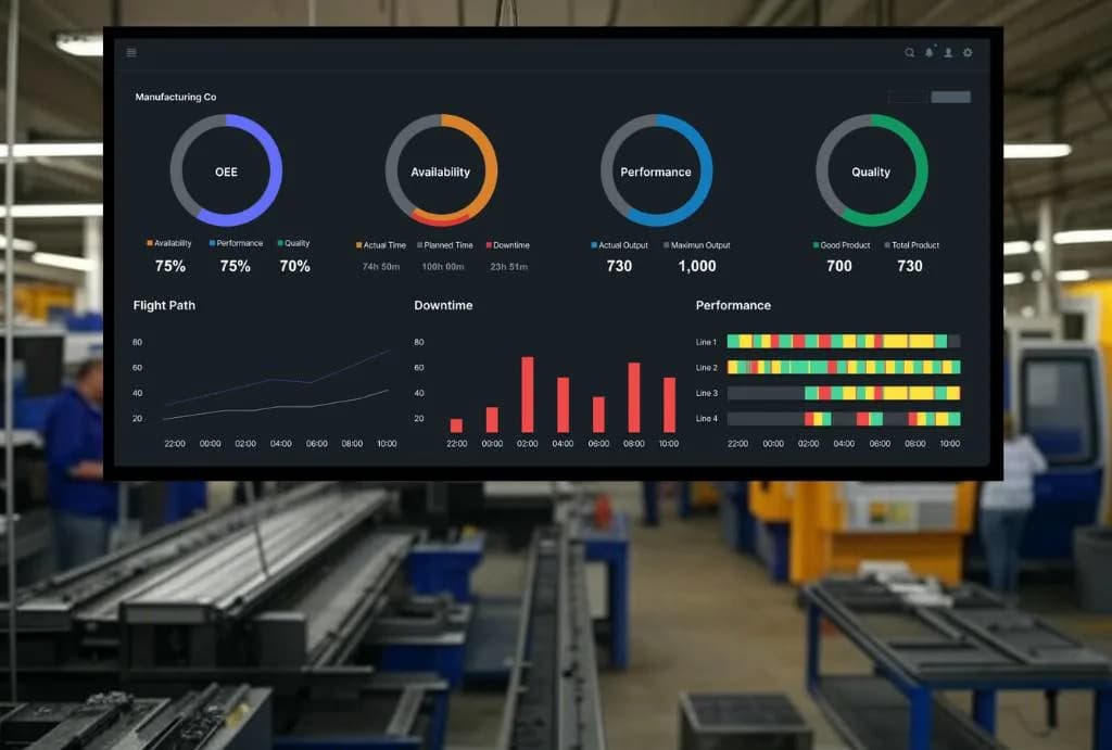 Machine utilization tracking system monitoring CNC machines in real-time on a smart factory floor