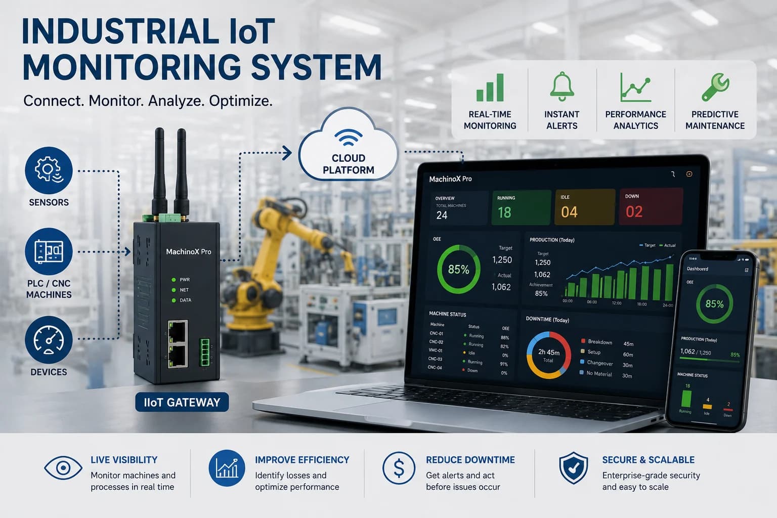 Industrial IoT dashboard monitoring factory machines with real-time analytics, predictive maintenance alerts, and connected smart manufacturing systems.