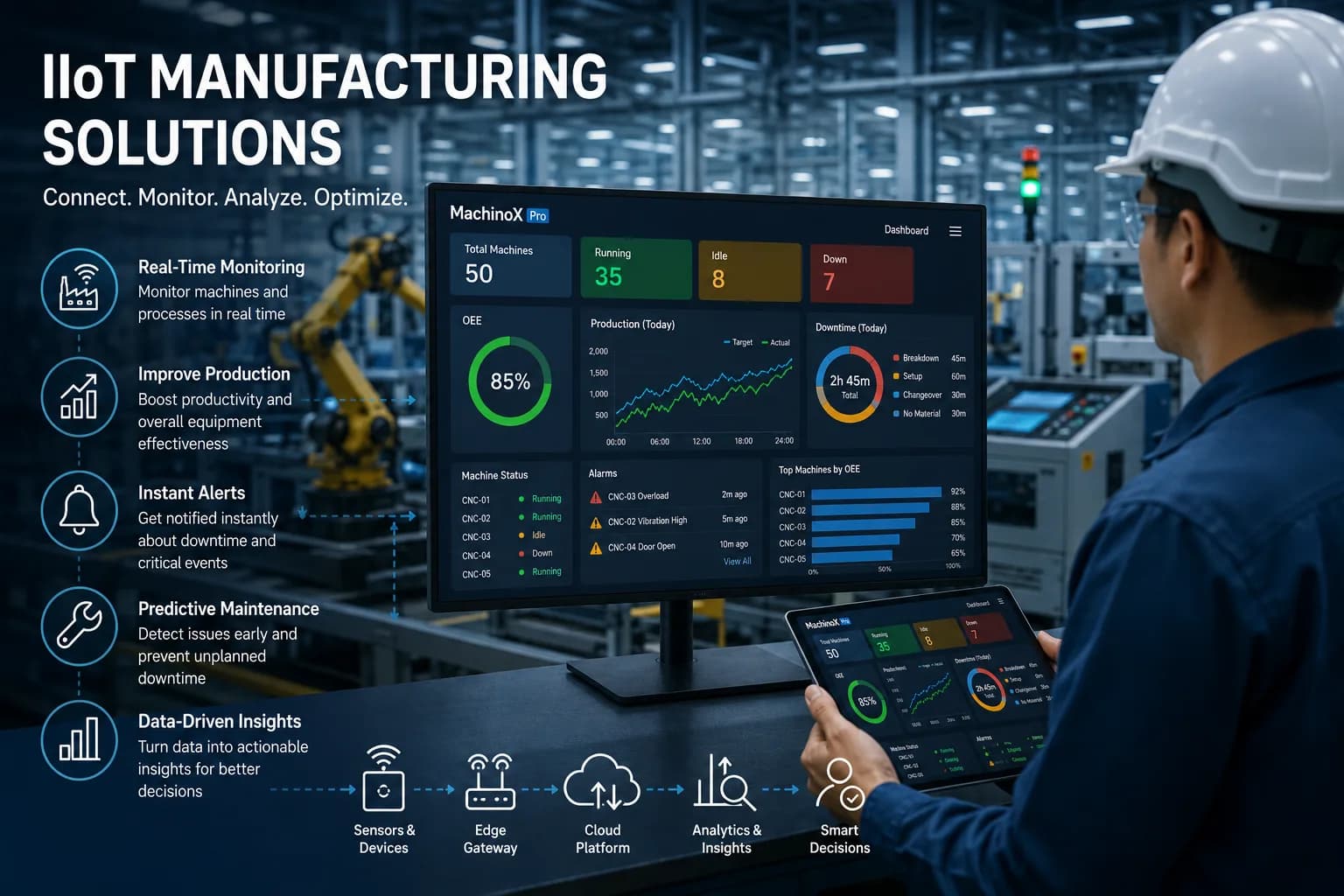 Factory engineer monitoring IIoT manufacturing dashboard with real-time analytics, predictive maintenance alerts, and connected smart production systems.