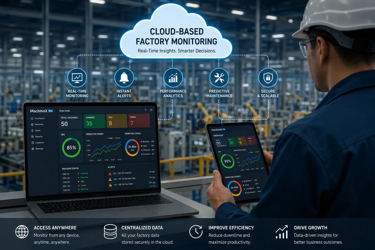Factory engineer using cloud-based monitoring dashboard to track machine performance, downtime alerts, and real-time production analytics.