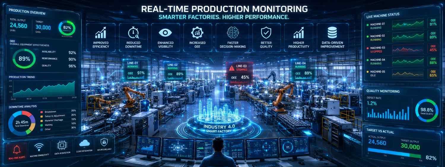 Real-time production monitoring dashboard displaying machine status, production counts, OEE metrics, and live shop floor performance in a manufacturing facility.