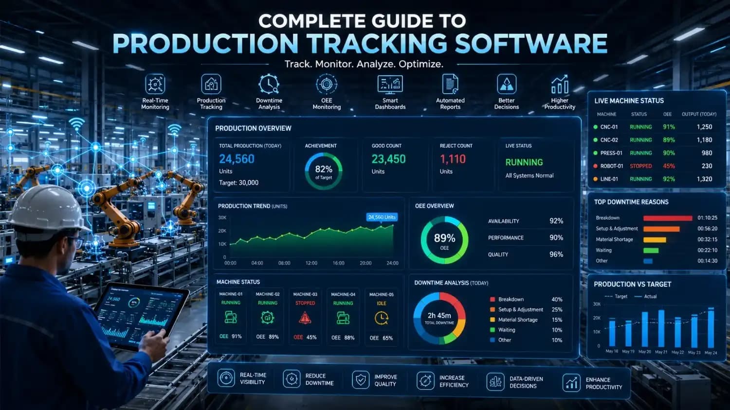 Production tracking software dashboard showing real-time production counts, machine status, OEE metrics, and manufacturing performance analytics.