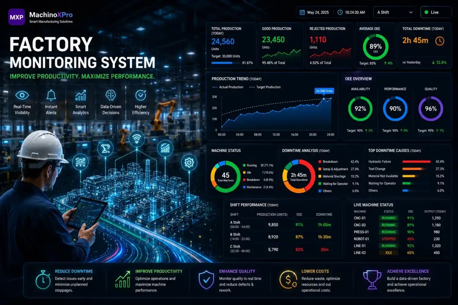 Factory monitoring system dashboard displaying machine status, production metrics, OEE, downtime analysis, and real-time manufacturing performance.