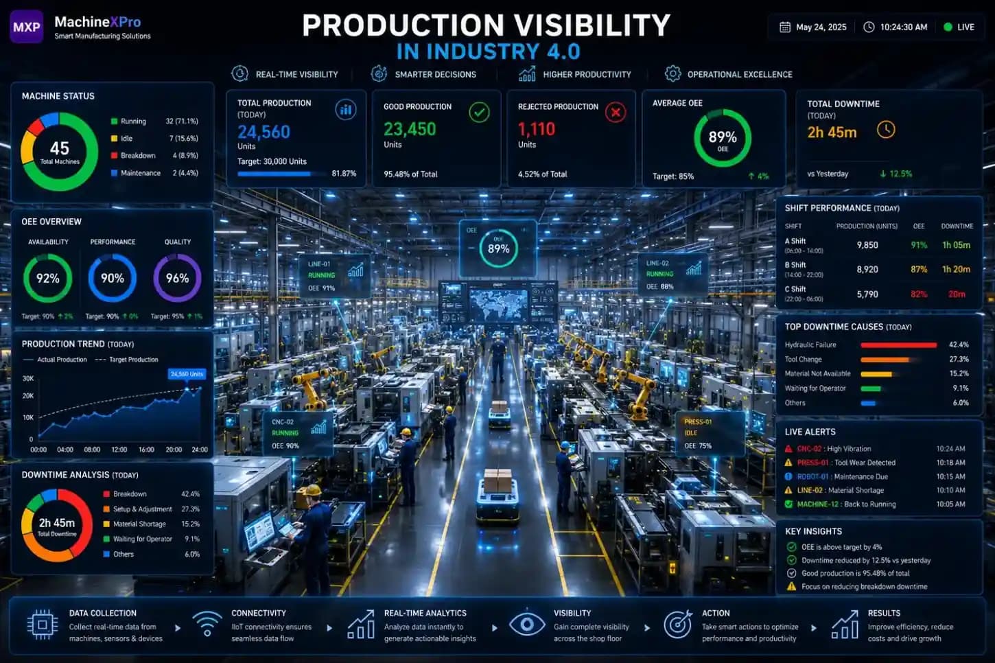 Production visibility dashboard showing real-time machine status, OEE metrics, production counts, and Industry 4.0 manufacturing analytics.